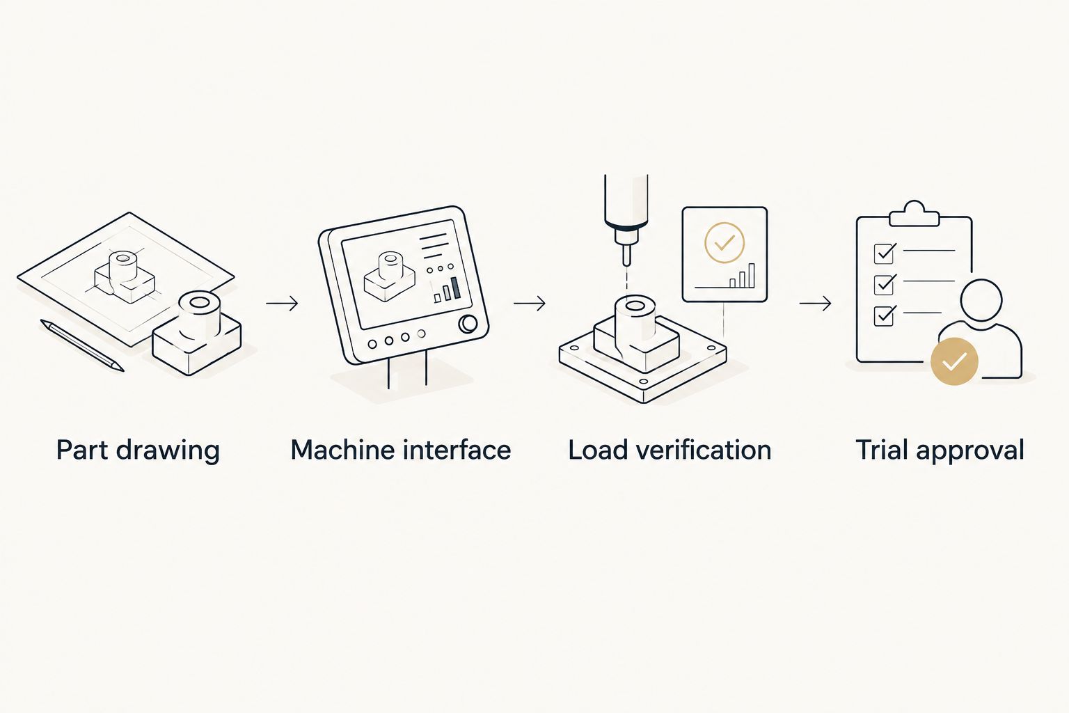 Four setup gates from part drawing through machine interface and load verification to trial approval