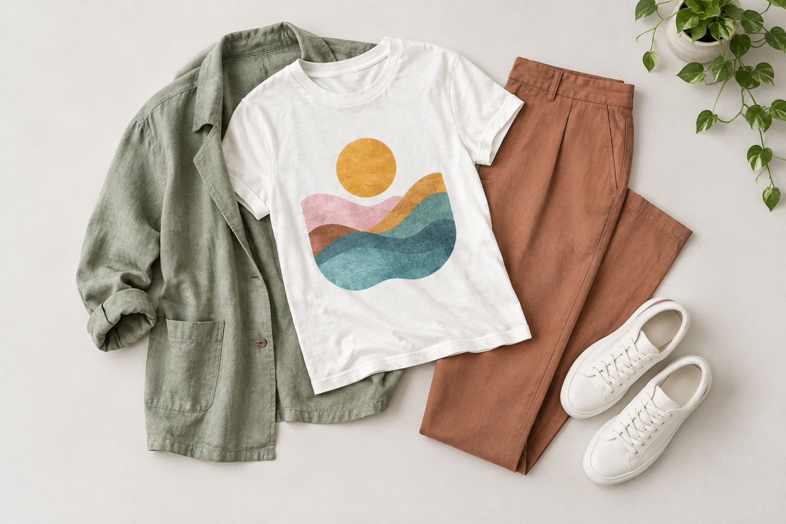 An illustrated tee paired with plain trousers, sneakers, and an open jacket