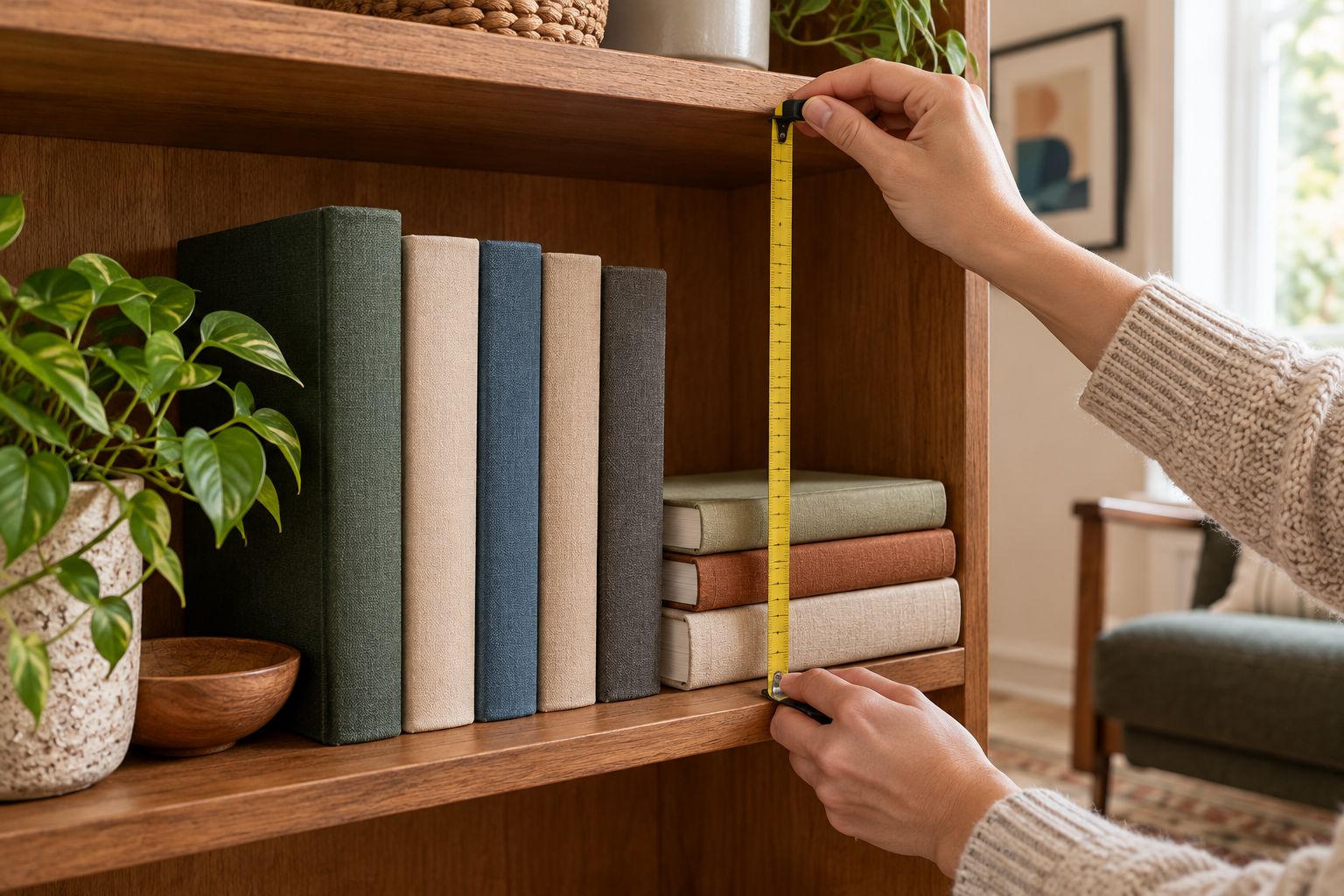 A bookshelf with upright books, a short stack, and clearance being checked before arranging more books.