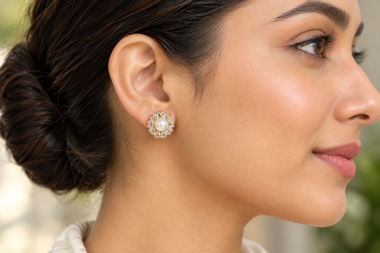Floral pearl clip-on stud earring worn on an earlobe
