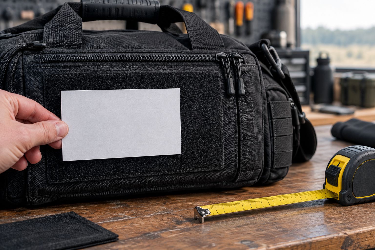 Paper patch template checked against a range bag panel beside its zipper and handle