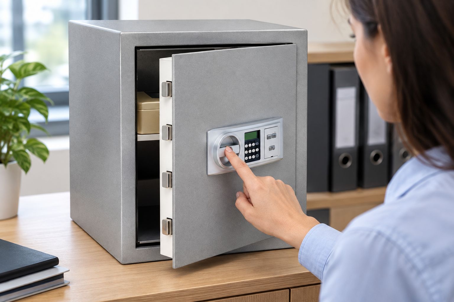 Staff member enrolling a fingerprint on a Burg Wachter Karat electronic safe