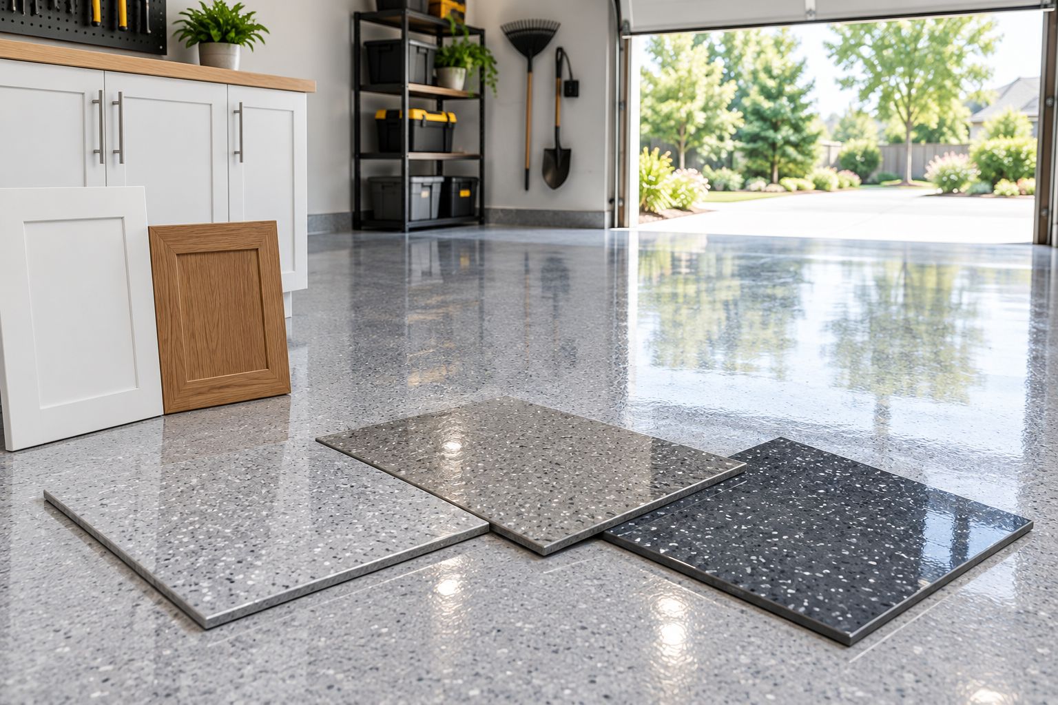 Garage flooring samples compared beside white and warm wood cabinet finishes