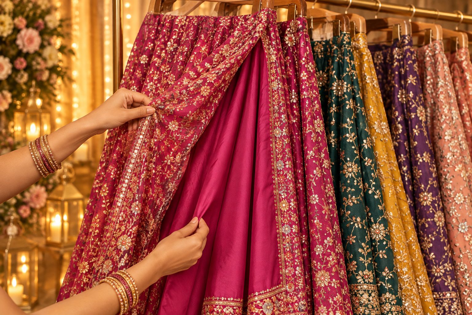 Hands checking the outer fabric and inner lining of a festive skirt