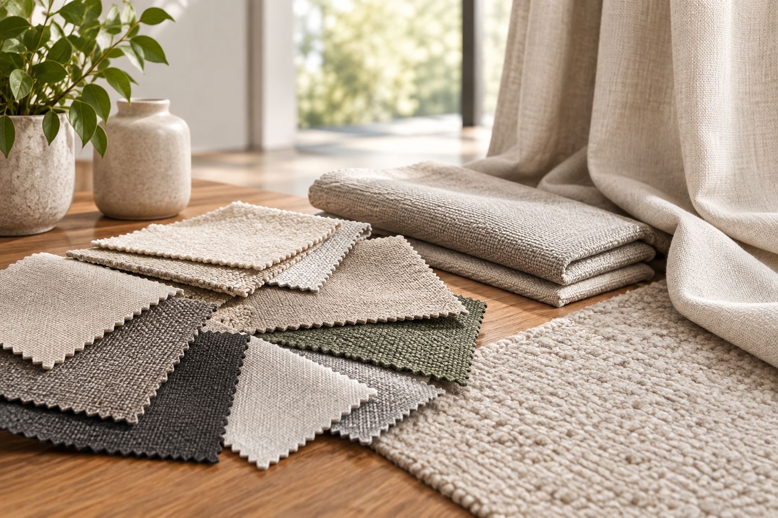 Neutrale bekledingsstalen met verschillende texturen naast een vloerkleed en gordijnstof