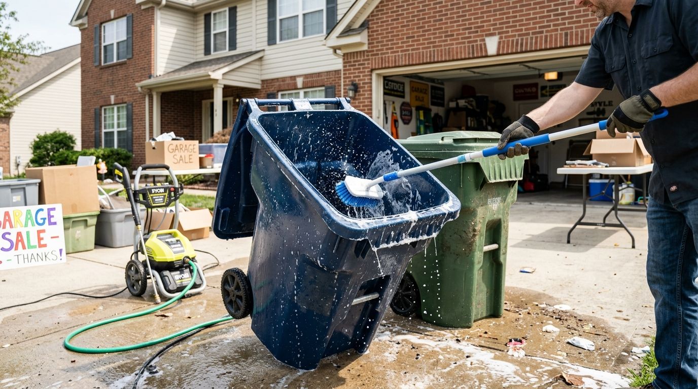 Trash bin cleaning after a weekend garage sale