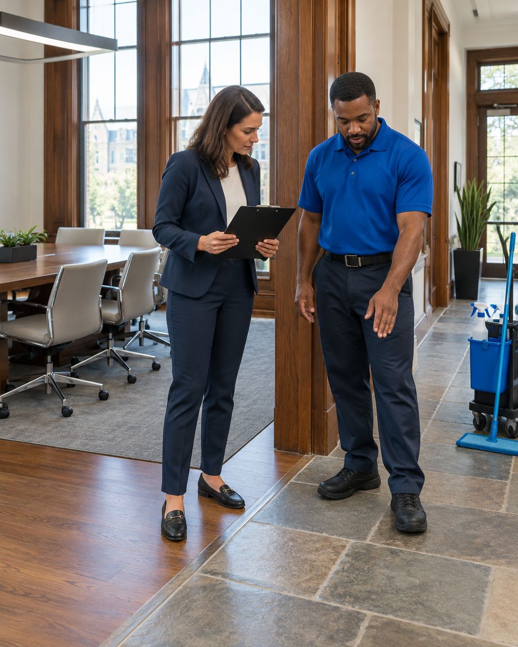 Illustration of an office manager and cleaning supervisor inspecting wood and stone finishes in a Main Line-style professional office.