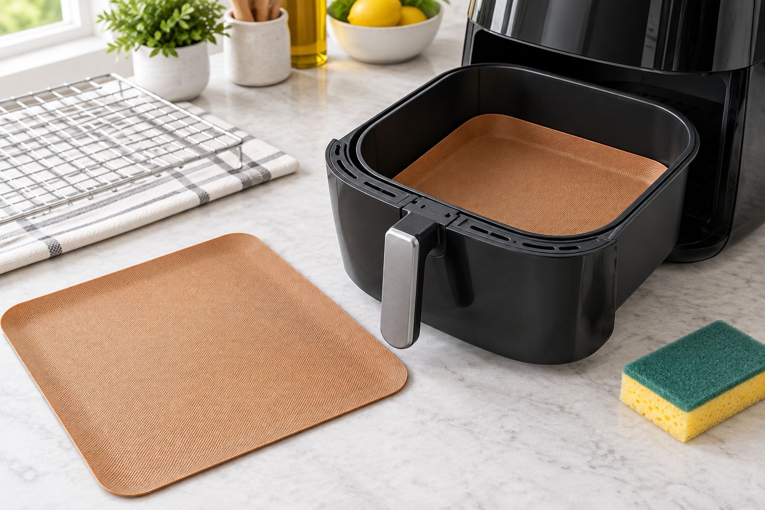 Reusable silicone basket beside an open air fryer with a sponge and drying rack.