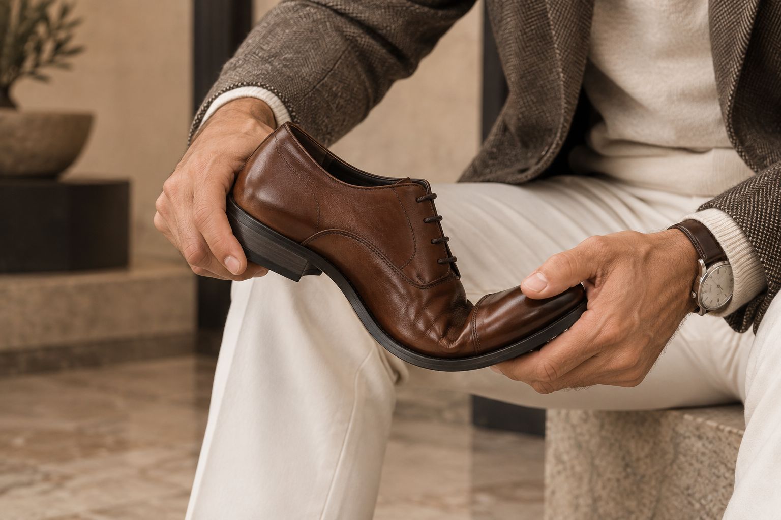 Hands testing the forefoot flexibility of a leather dress shoe