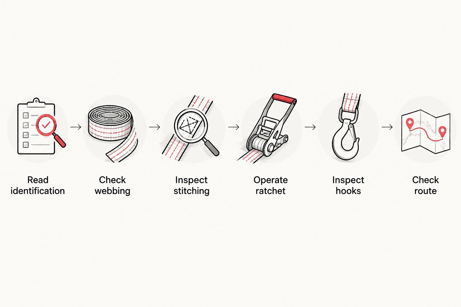 Inspection sequence covering strap identification, webbing, stitching, ratchet, hooks, and route