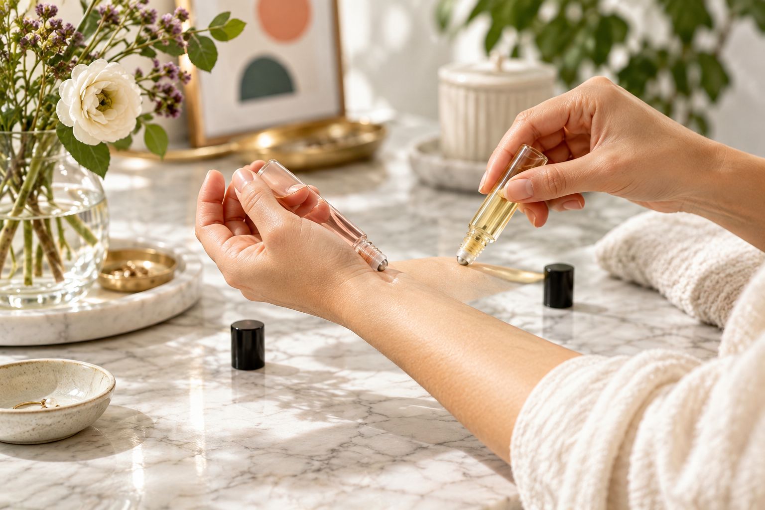 Two perfume oils being tested on separate areas of a forearm