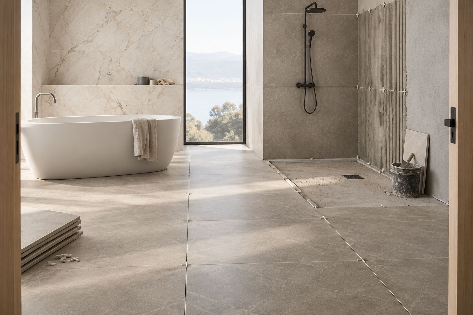 Bathroom layout showing broad floor tiles beside a separate shower drainage area