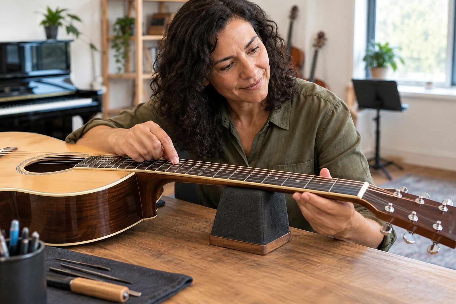 Hands checking the strings and fretboard of an acoustic guitar