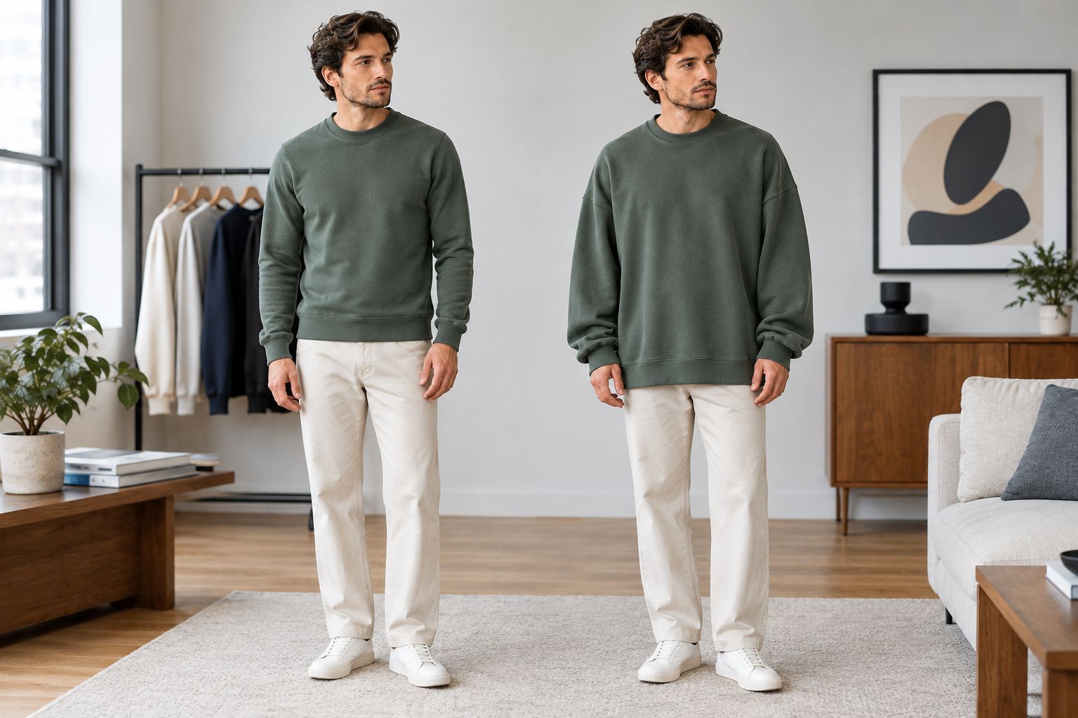 Regular and oversized sweatshirts showing different shoulders, sleeves, and hem lengths