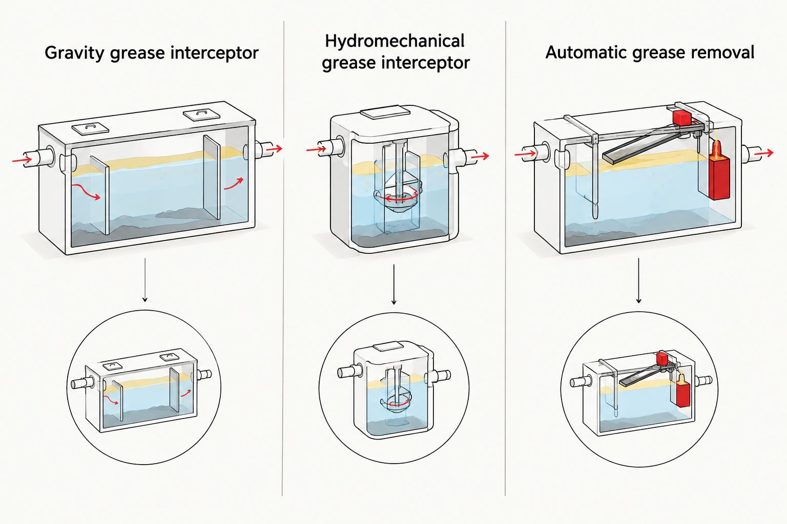 Three grease-control system types: gravity, hydromechanical, and automatic removal