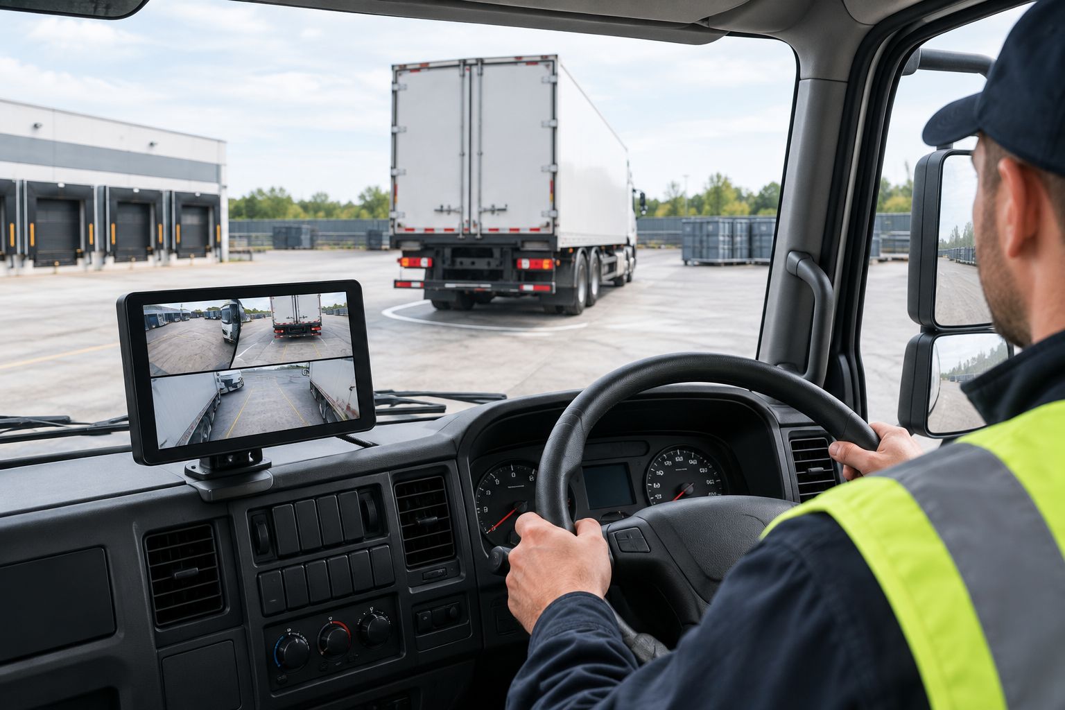 HGV cab interior showing an in-cab monitor with a split reversing camera view