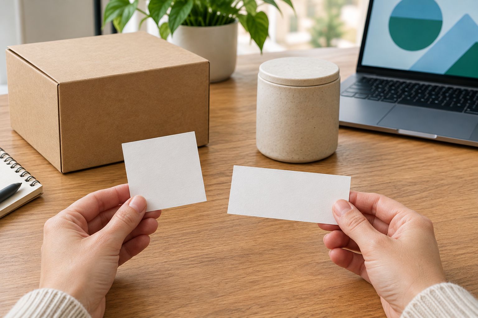 Square and rectangular paper label mockups tested against a box and cylindrical candle container