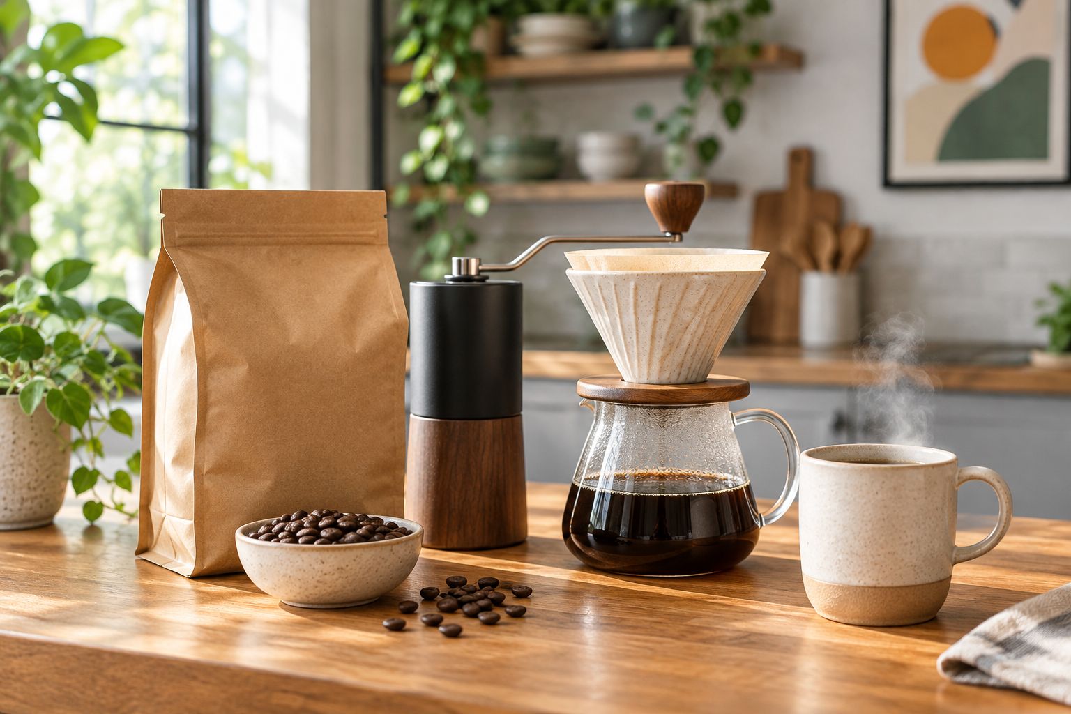 Coffee beans, grinder, and pour-over setup on a kitchen counter