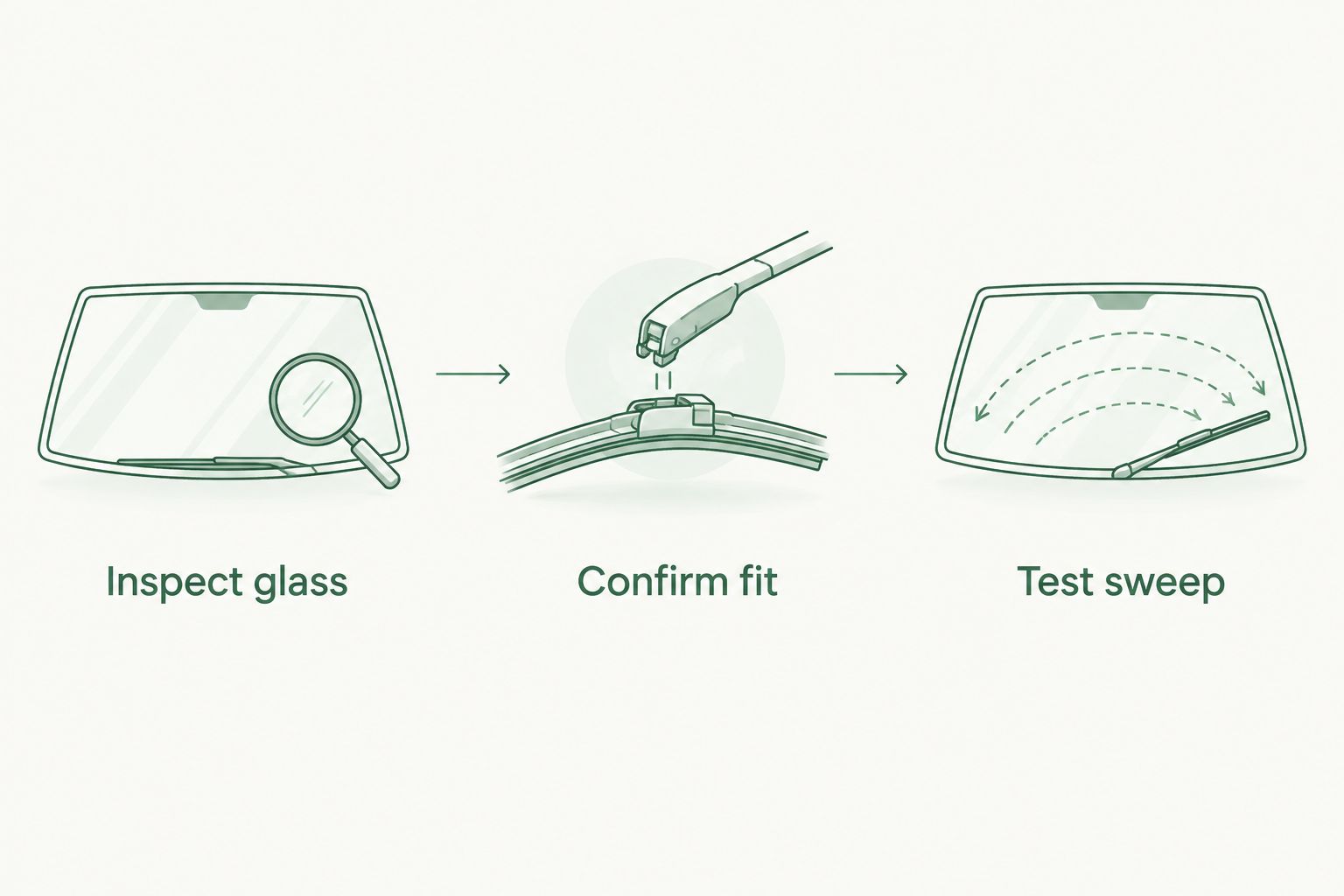 Three checks for wiper replacement: inspect glass, confirm fit, and test sweep.