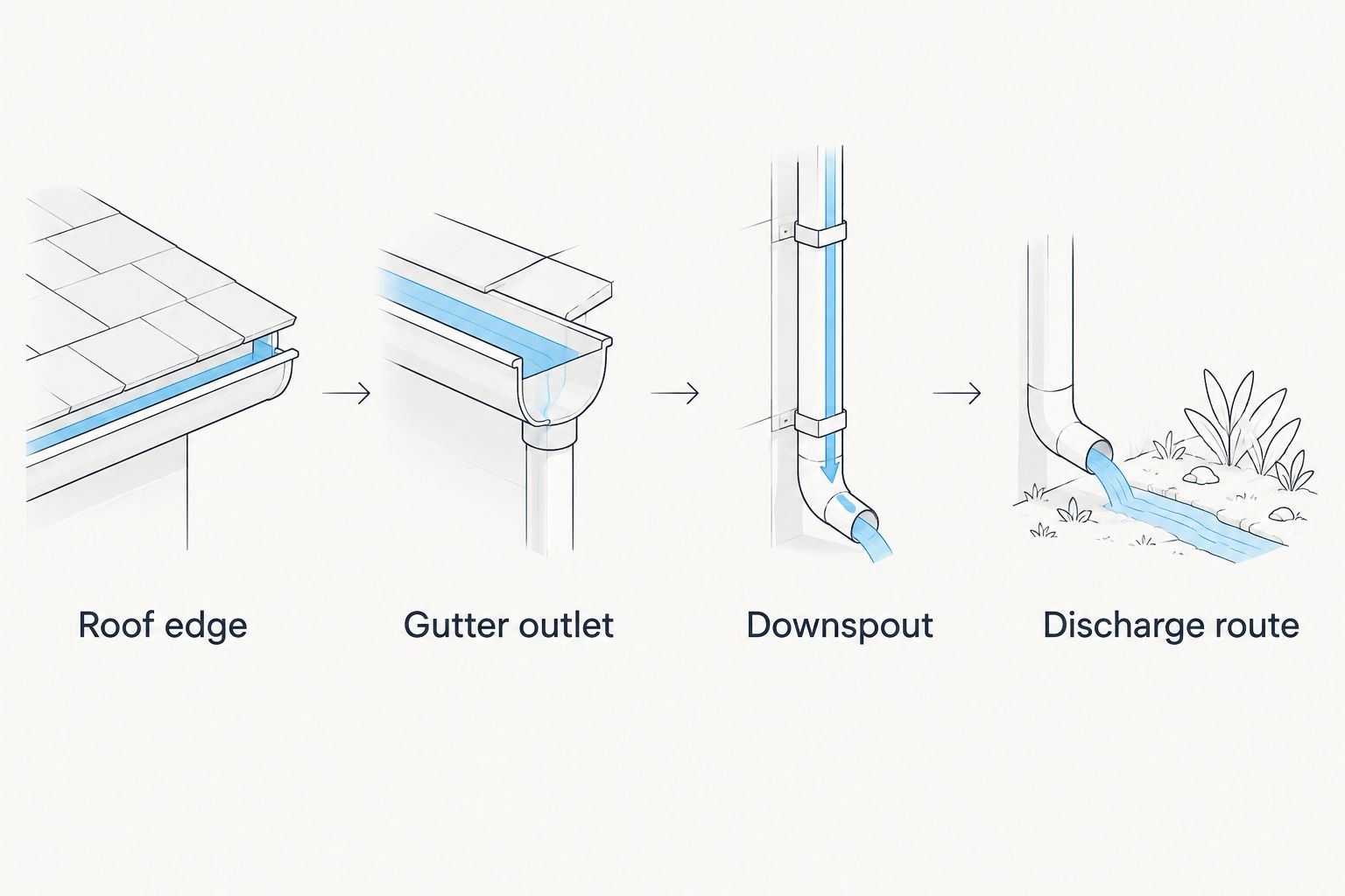 Water route from roof edge through gutter outlet and downspout to the discharge route