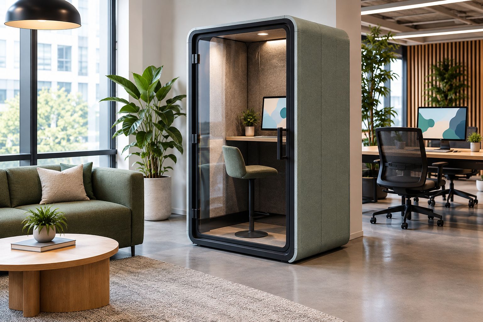 An office booth coordinated with the finishes of surrounding desks and seating