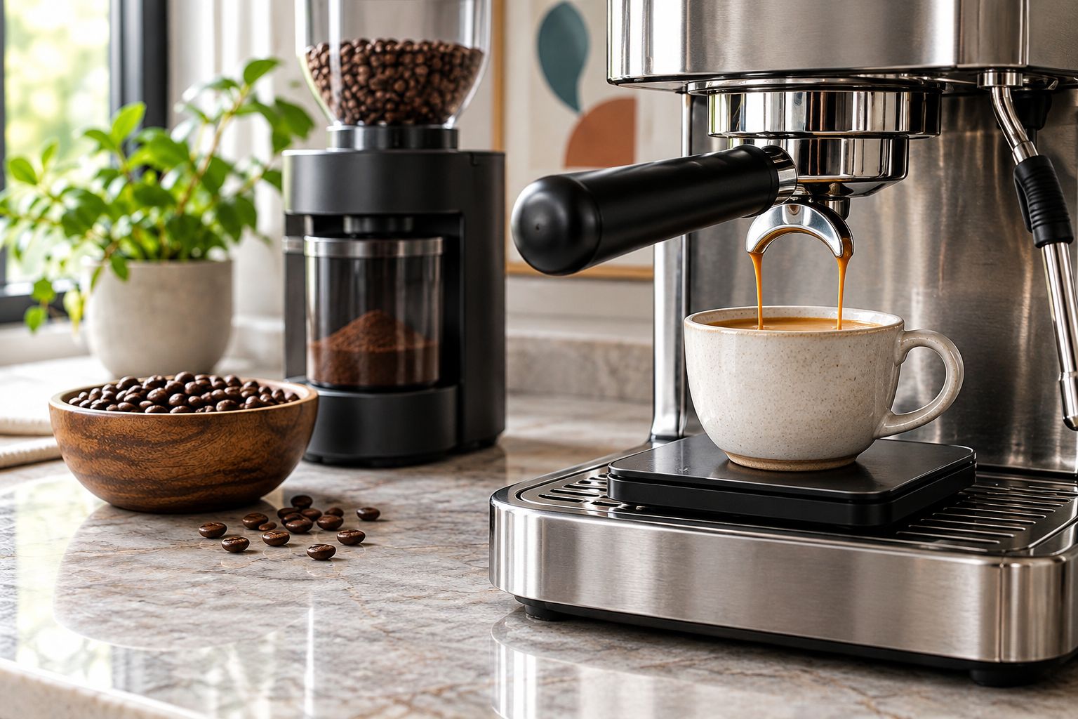 Home espresso setup with a grinder and a cup resting on a scale