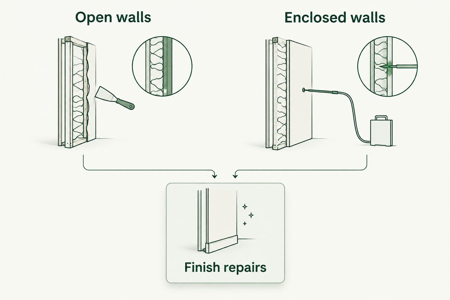 Open-wall spray access compared with enclosed-wall injection access and the shared need to define finish repairs.