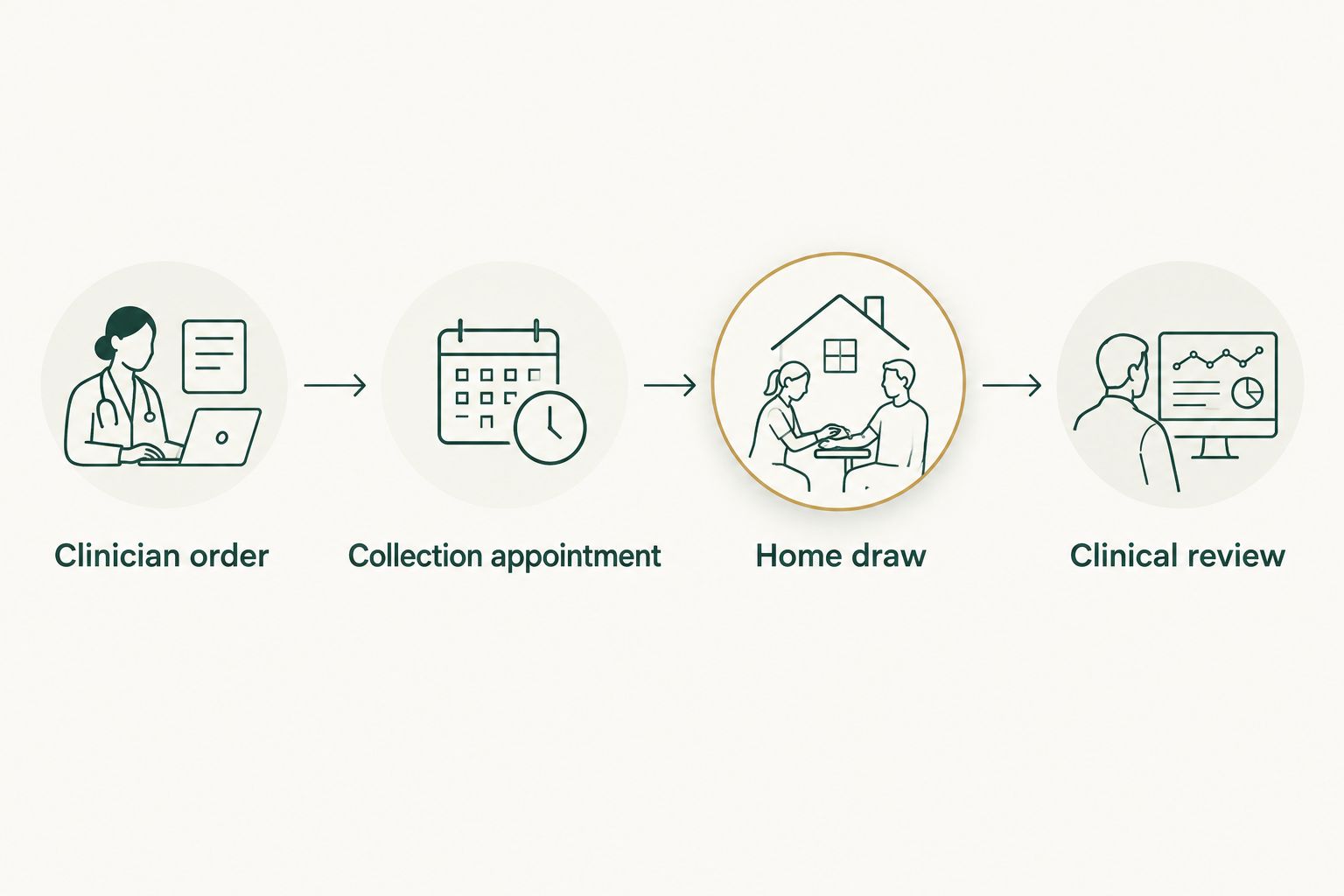 Sequence connecting the clinician order, collection appointment, home draw, and clinical review