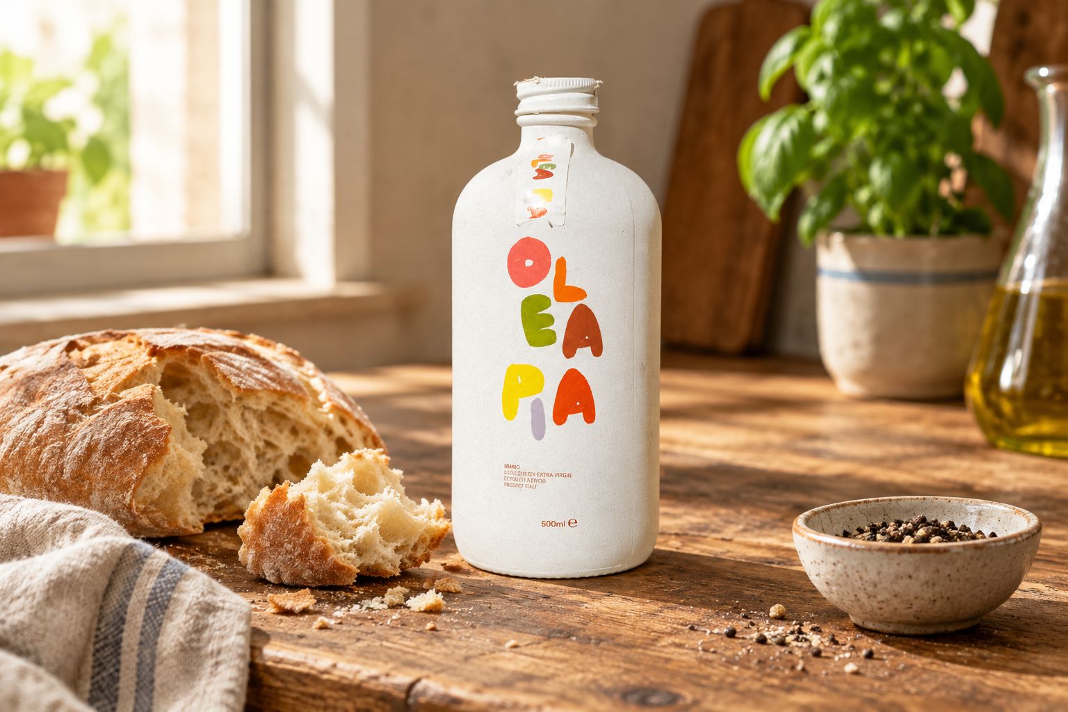 Bottle of Italian olive oil on a kitchen counter beside bread