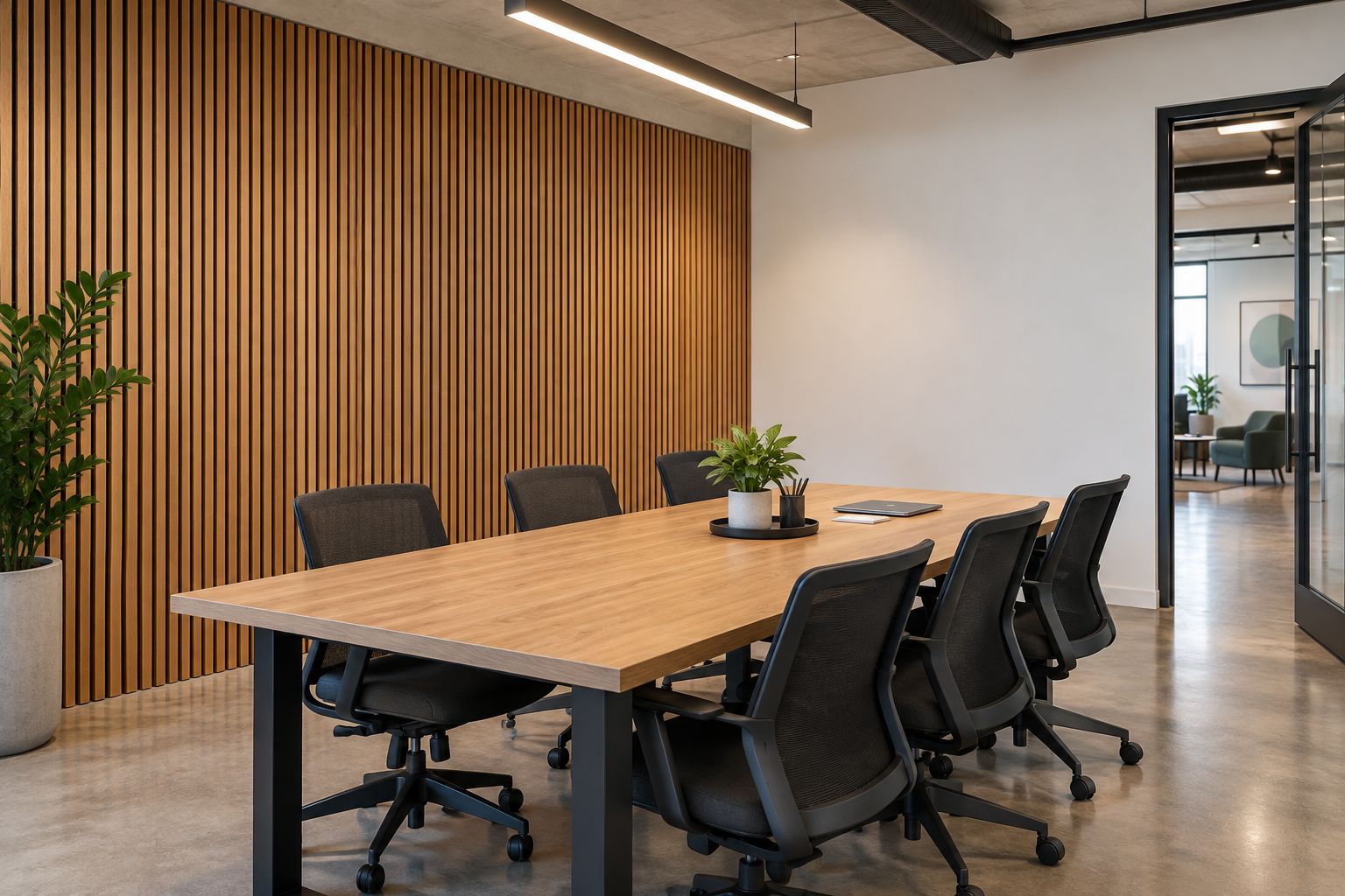 Commercial meeting room showing wood slat wall treatment beside furniture and a doorway