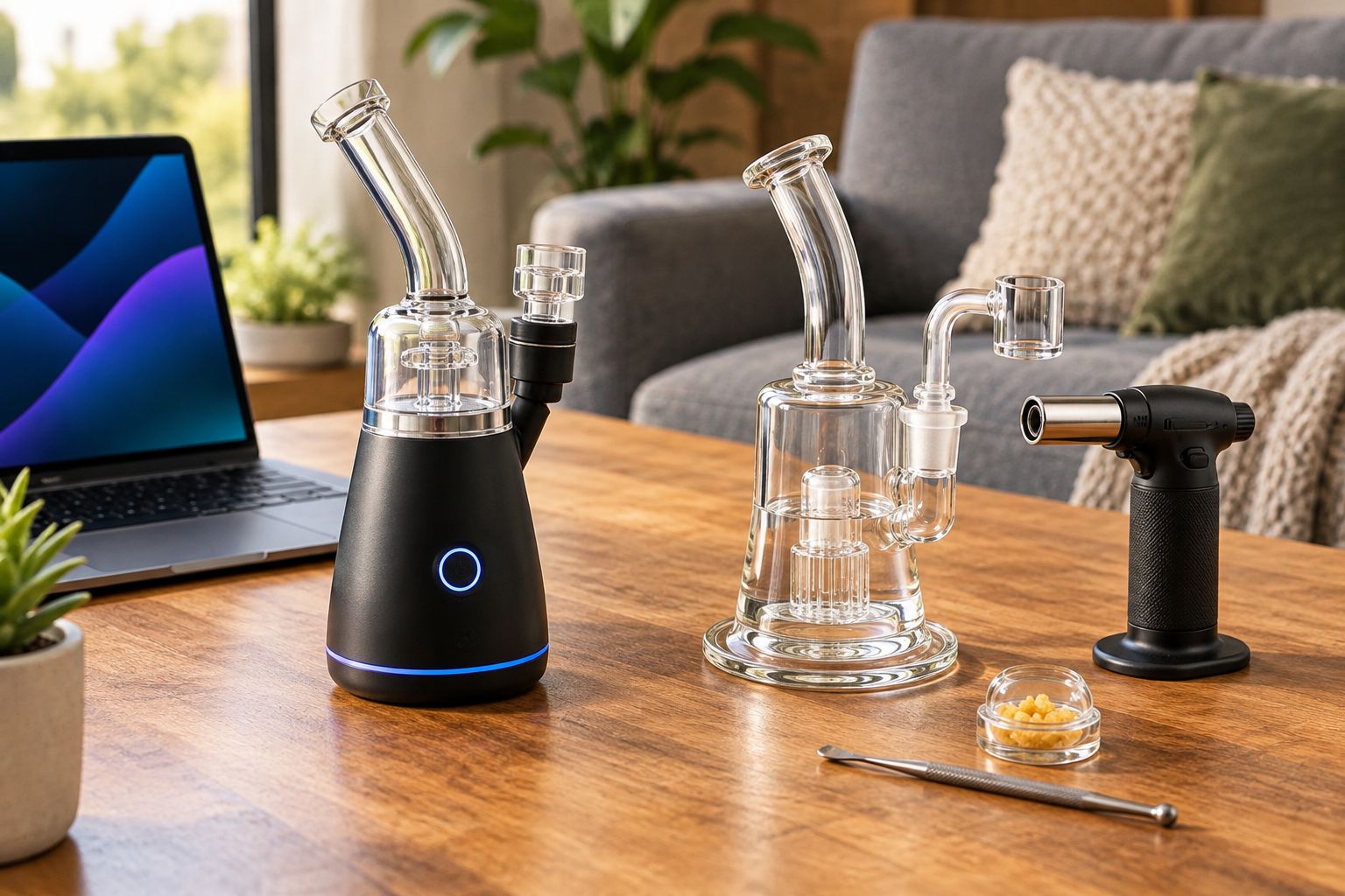 Electric dab rig next to a traditional glass rig and torch on a table