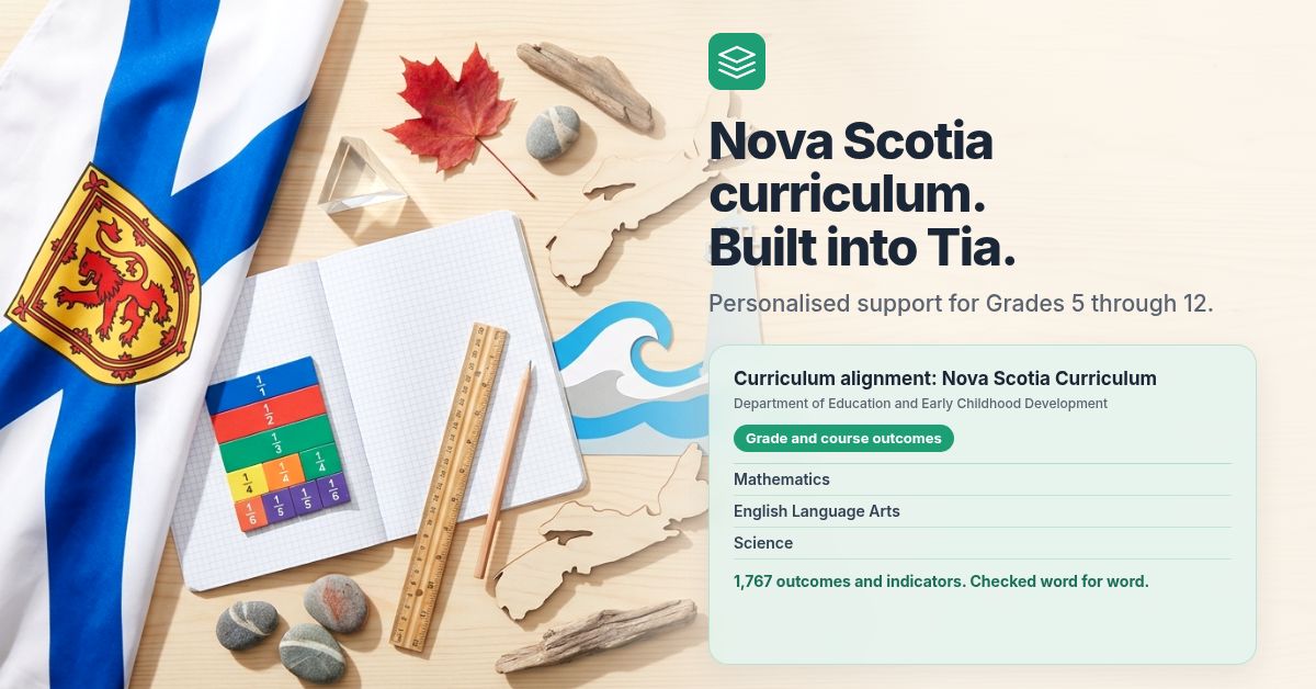 Nova Scotia curriculum learning materials with a Tia progress report showing 1,767 outcomes and indicators