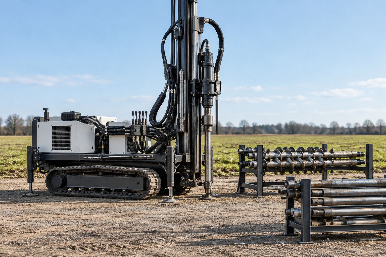 Hollow stem auger rig and detached auger sections positioned for inspection