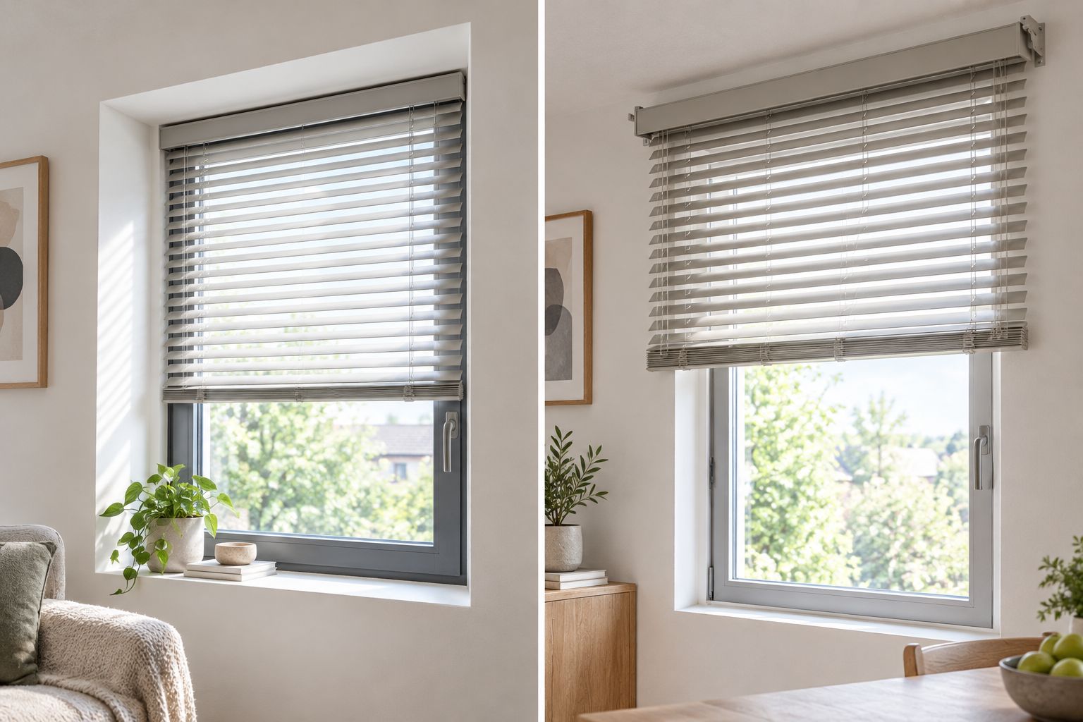 Inside-mounted and outside-mounted blinds showing their positions relative to the window recess and trim.