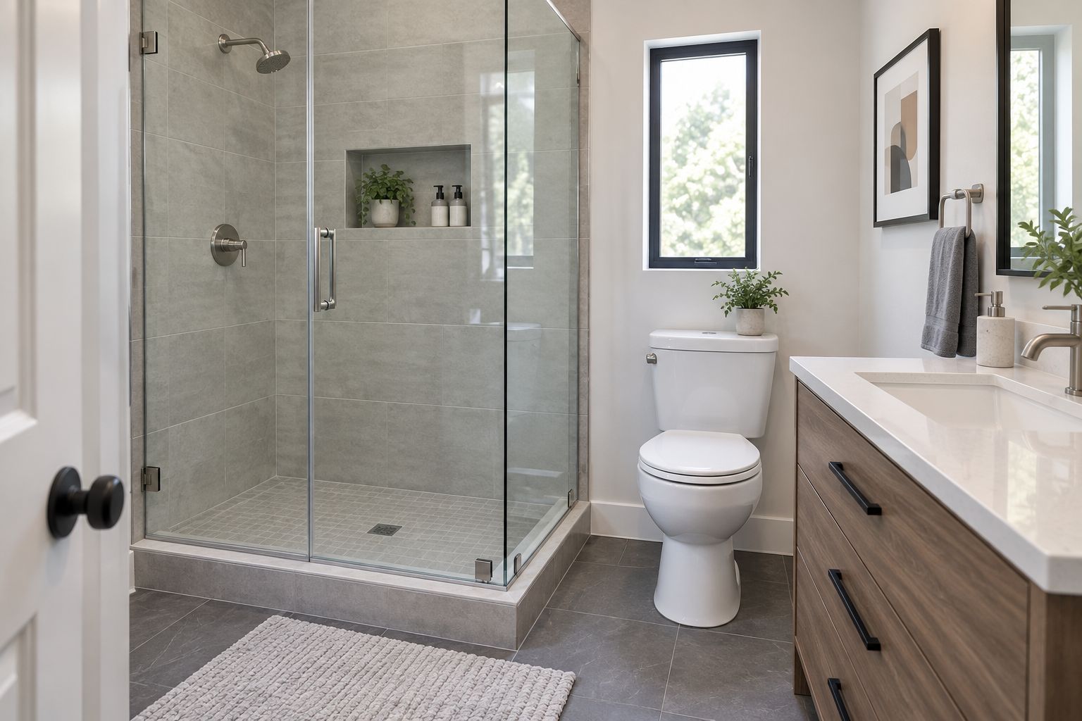 Compact bathroom showing shower entry space beside a toilet and vanity