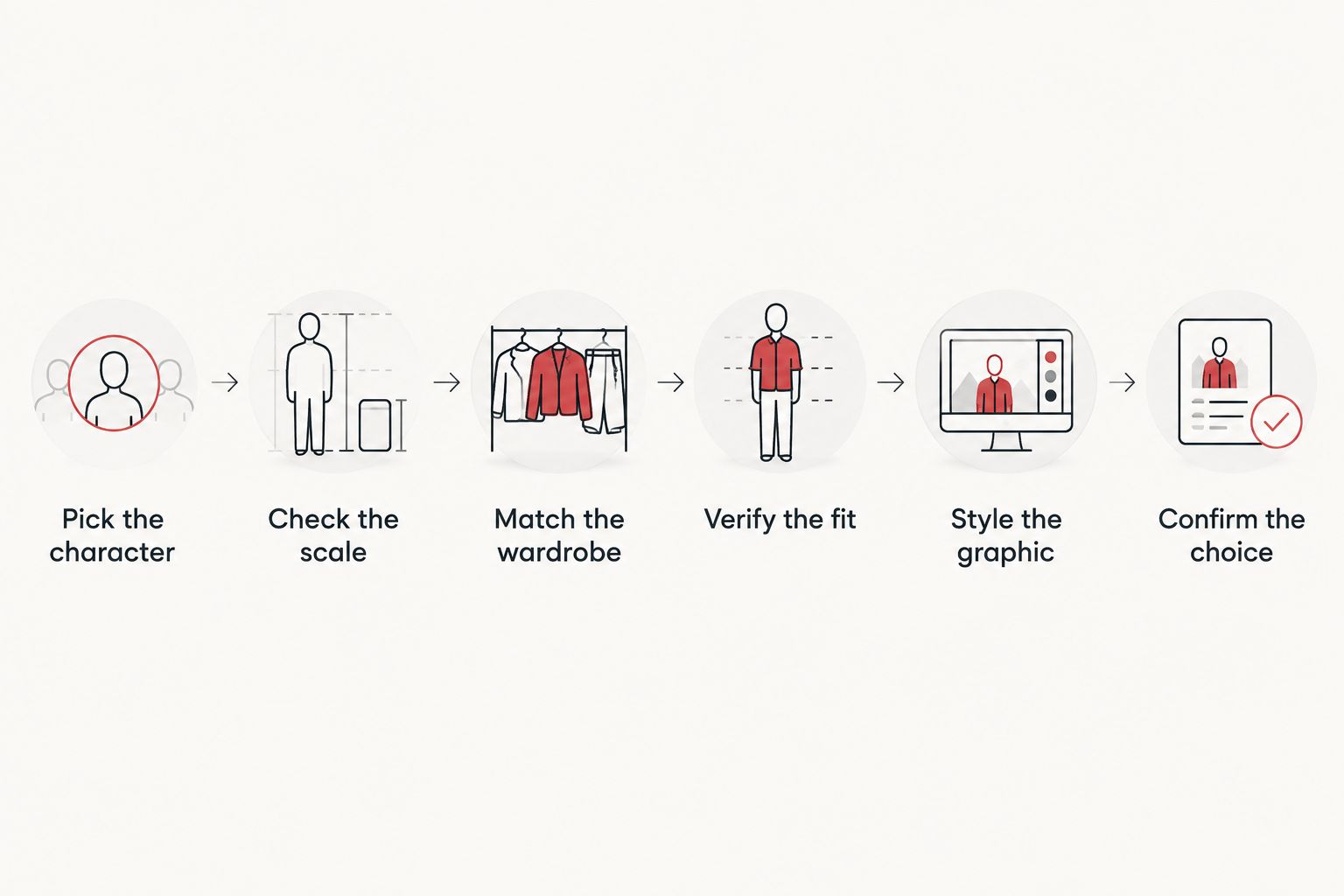 Six shopping steps from choosing the character to confirming the tee fits your wardrobe.