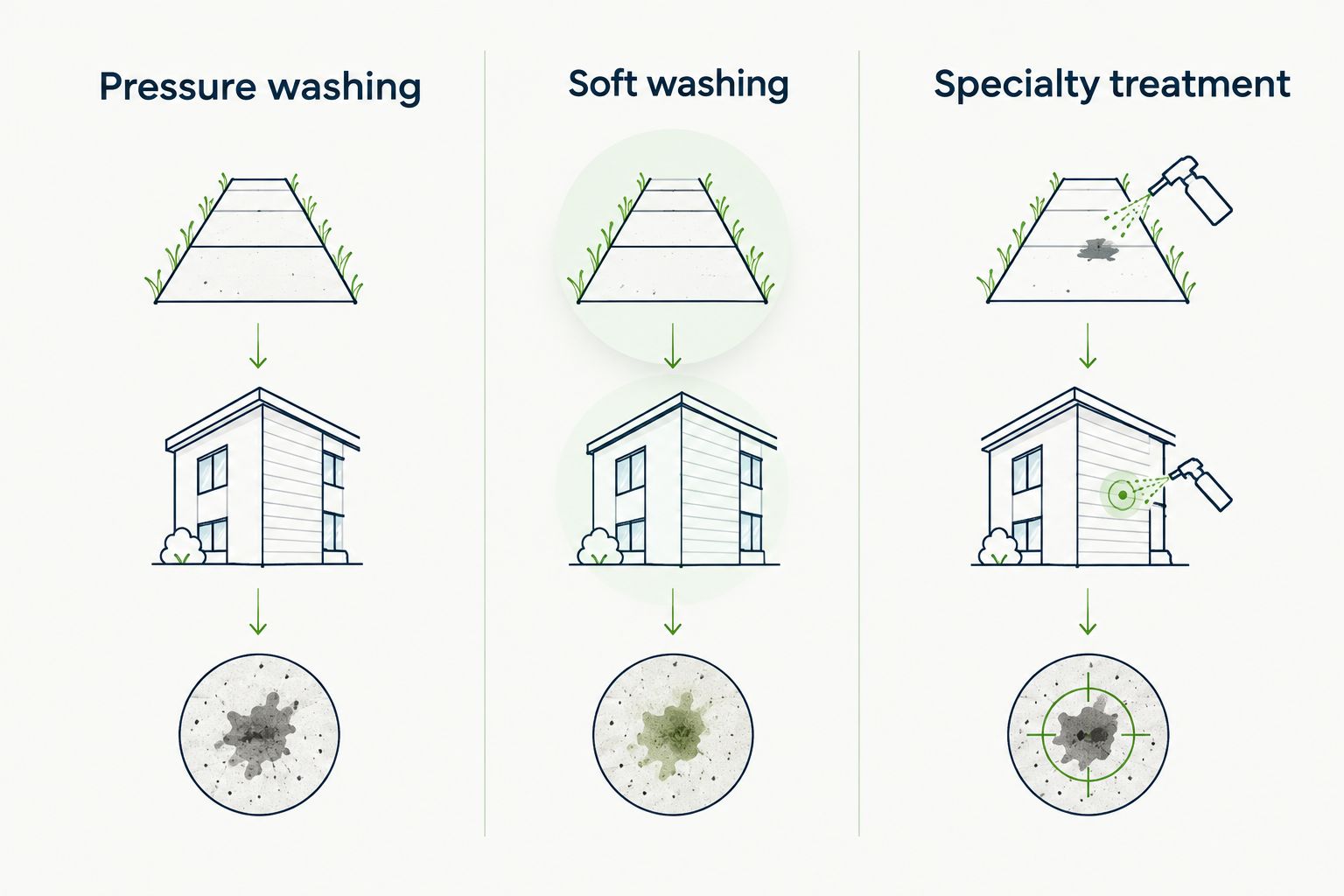 Three cleaning methods matched to concrete, building exteriors, and localized stains