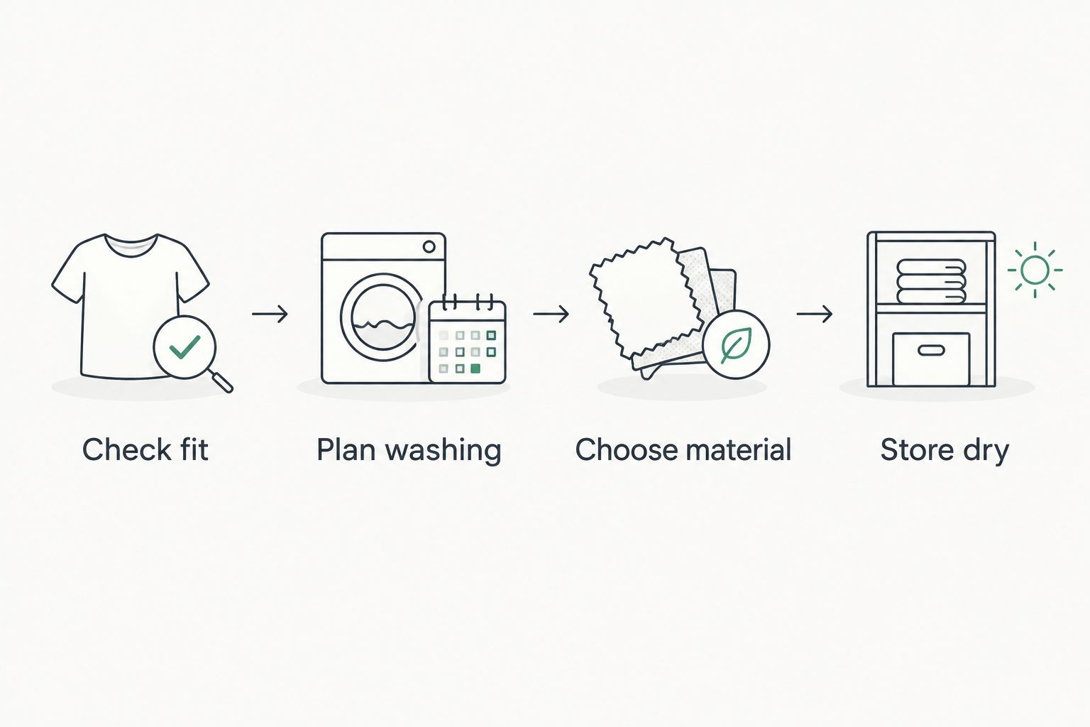 Four steps covering fit, washing, material choice, and dry storage