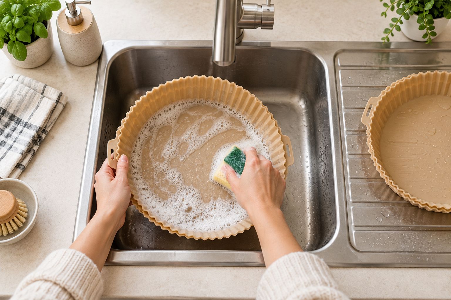 A reusable silicone liner being washed beside a small kitchen draining area