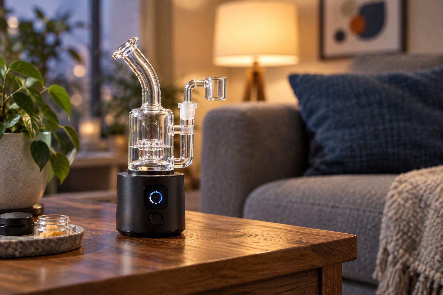 Electric dab rig on a side table with a lit digital display