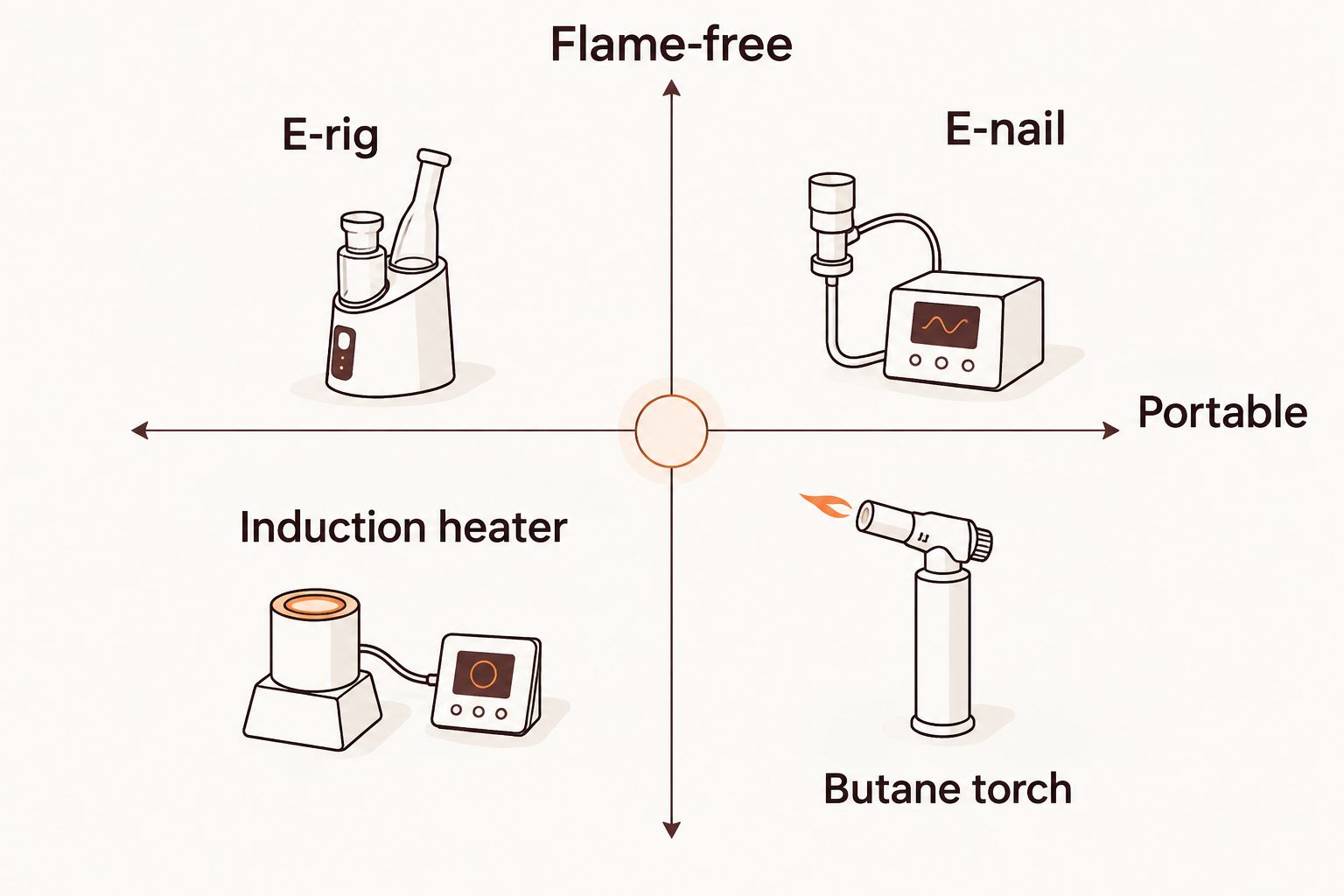 2x2 matrix comparing e-rigs, e-nails, induction heaters, and torches on flame-free and portable axes