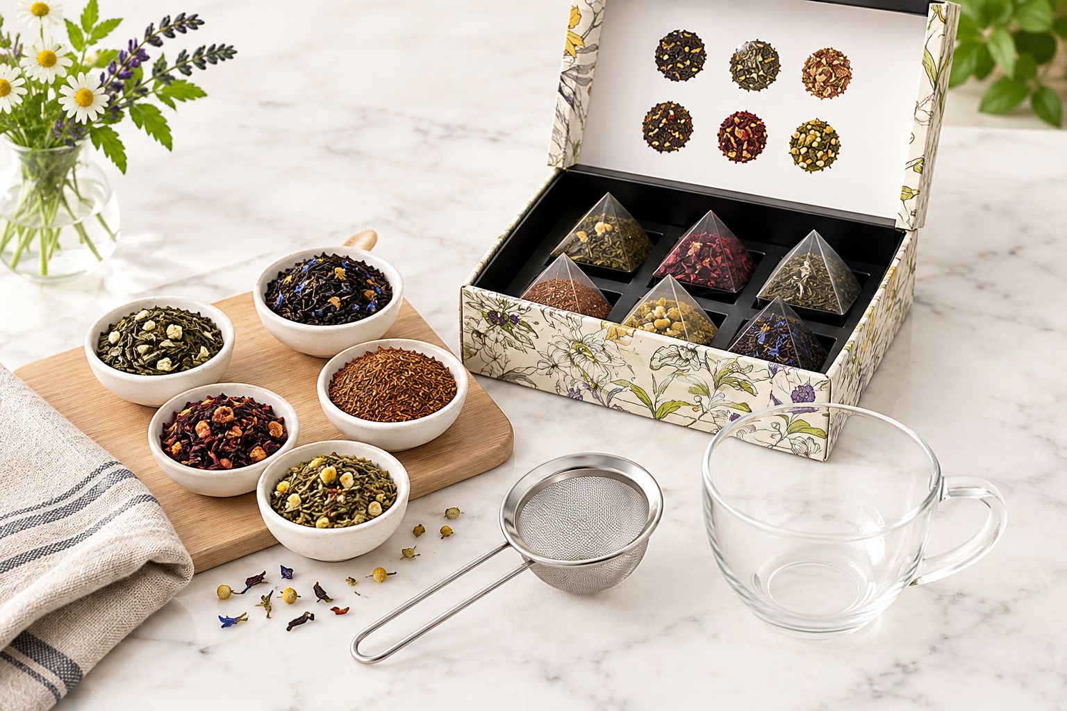 Loose-leaf teas beside a strainer and cup, ready for a first tasting