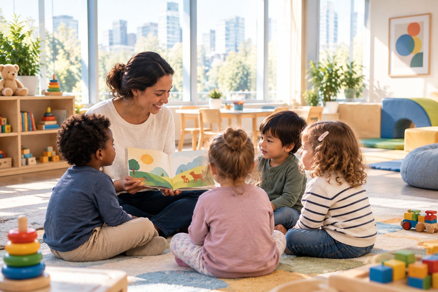 On-site childcare room near a hospital workplace with toddlers and a caregiver