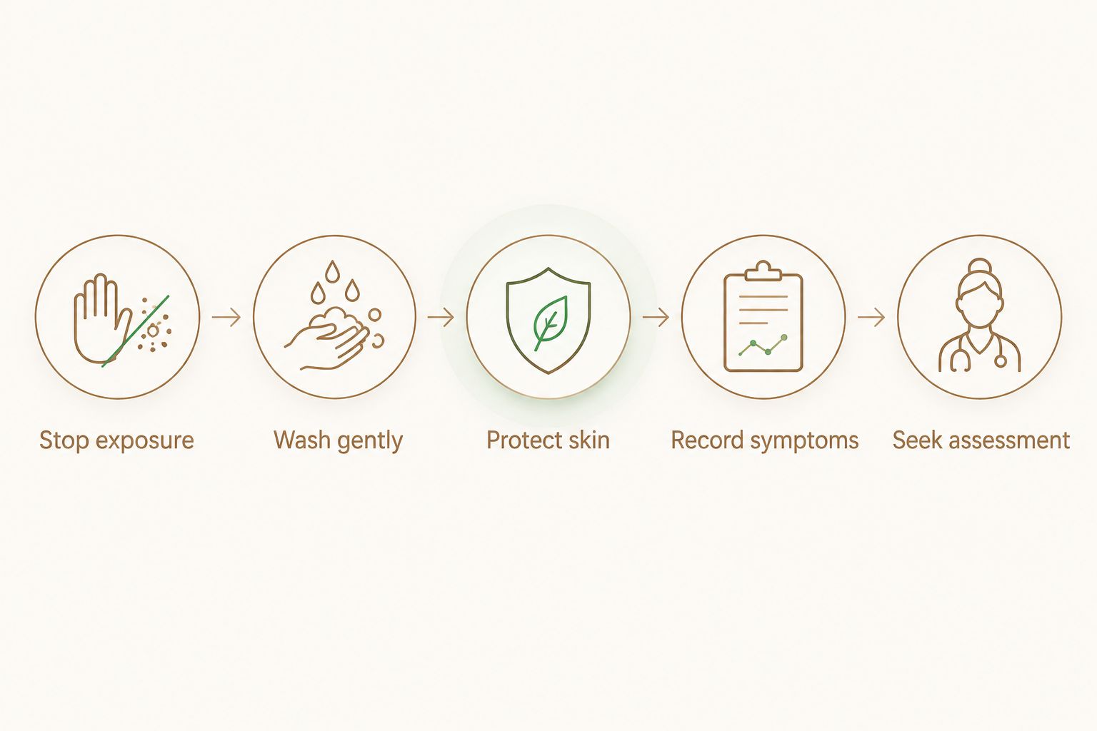 Steps for responding to a perfume oil reaction, from stopping exposure to seeking assessment