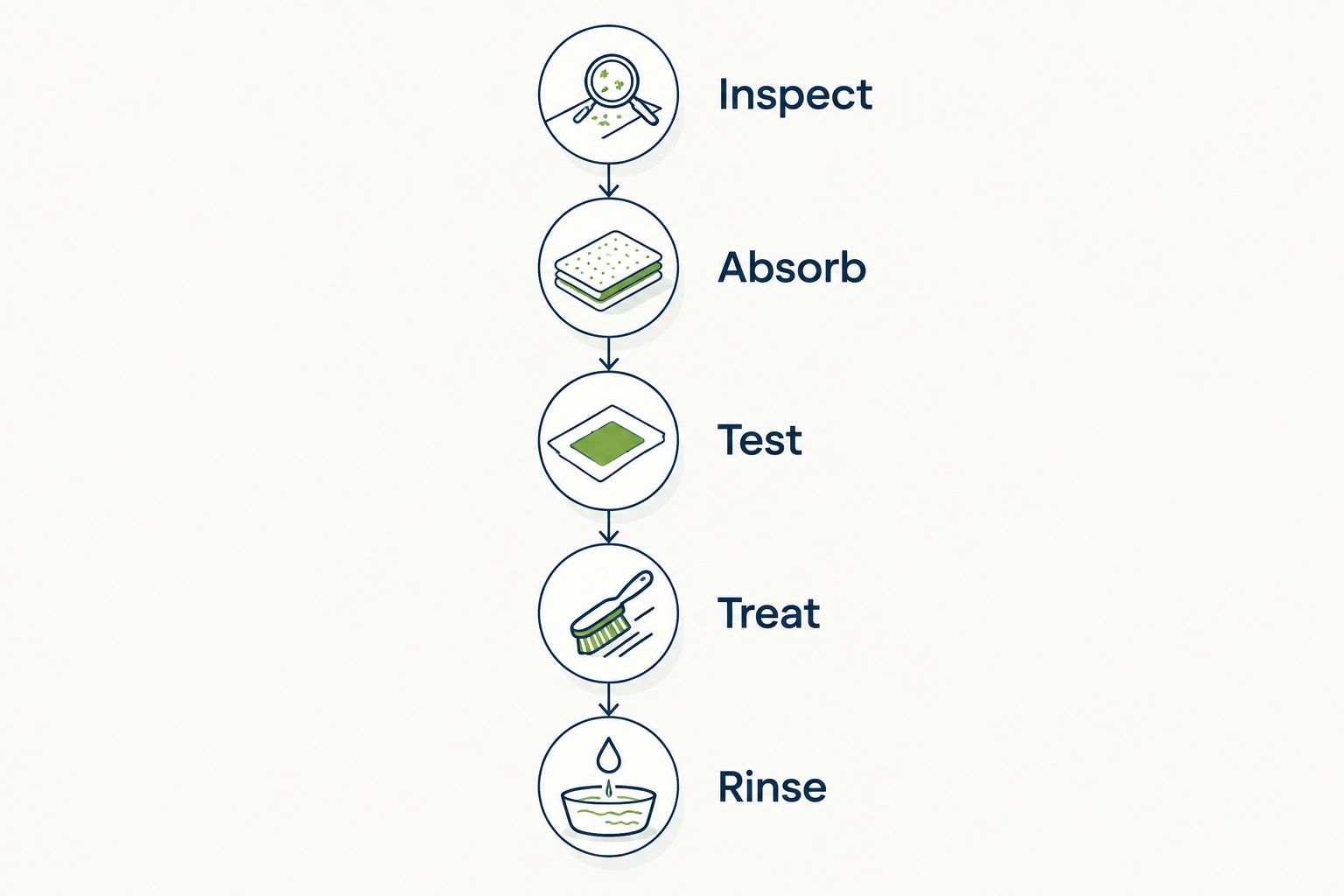 Concrete oil cleanup sequence: inspect, absorb, test, treat, and rinse.