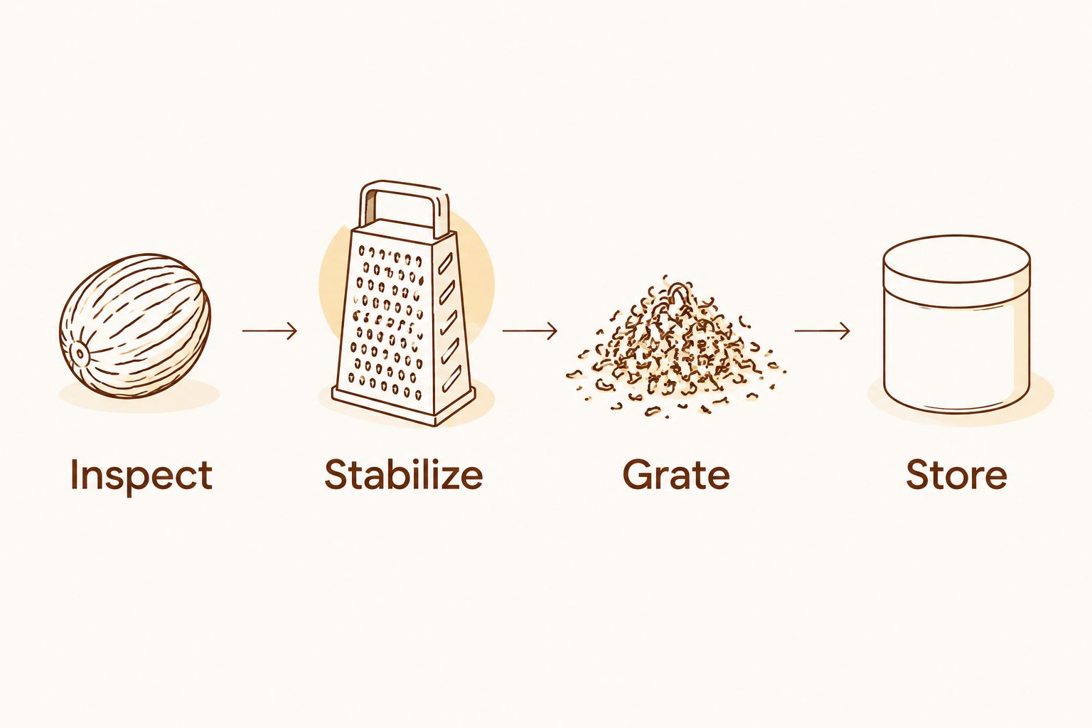 Four steps for freshly grated nutmeg: inspect, stabilize, grate, and store.