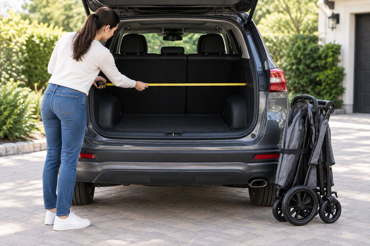 Measuring a trunk opening before loading a folded pet stroller