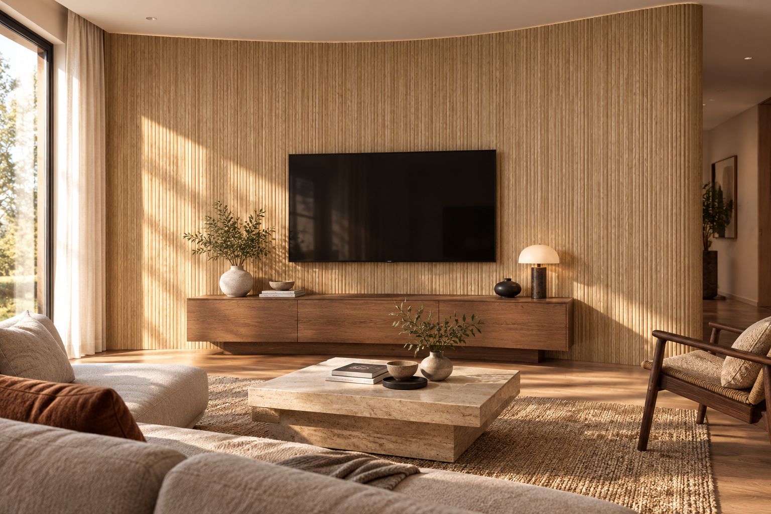 Fluted wall panel installed on a curved living room accent wall