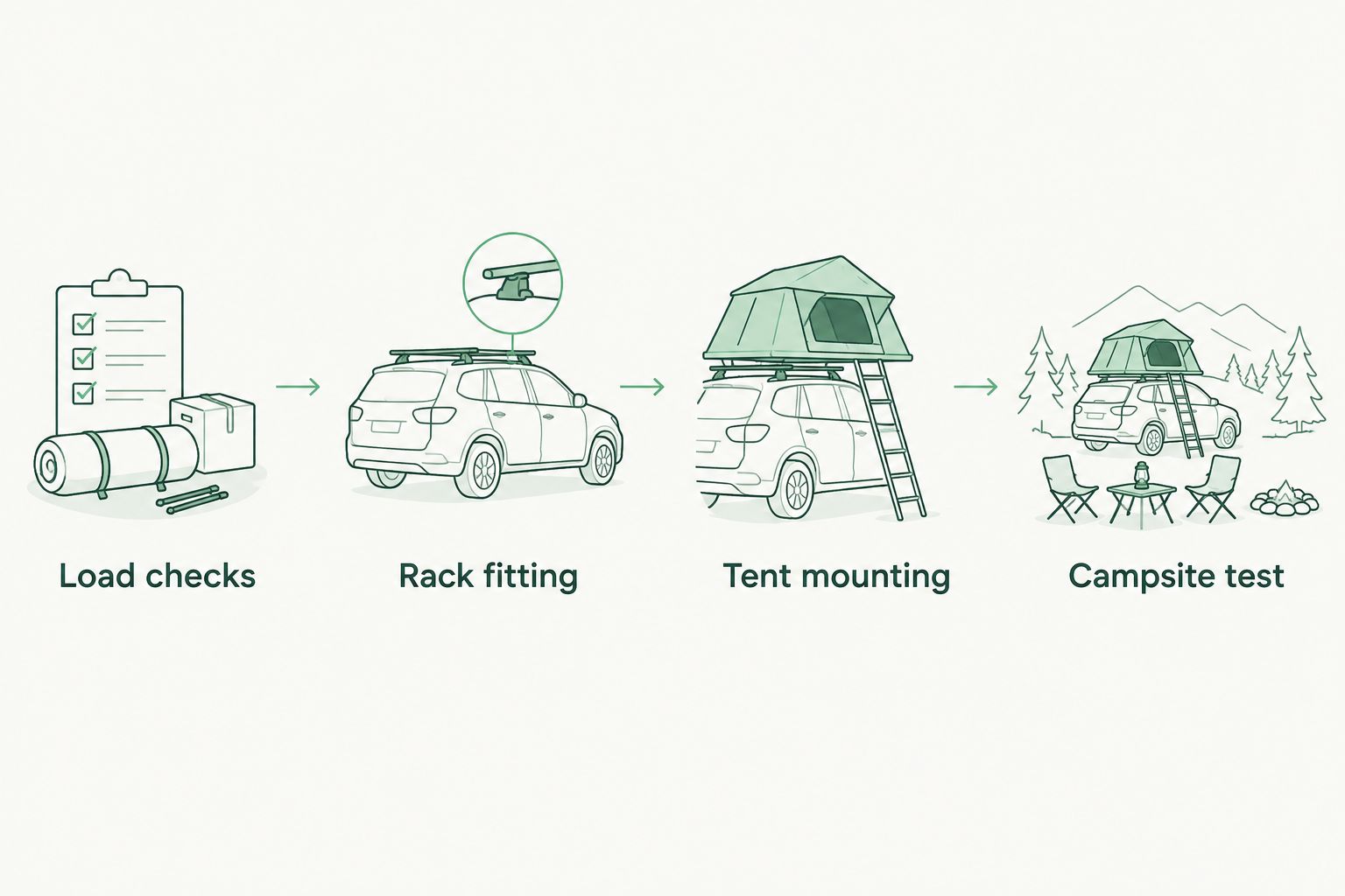 Four stages from vehicle load checks to the first campsite test
