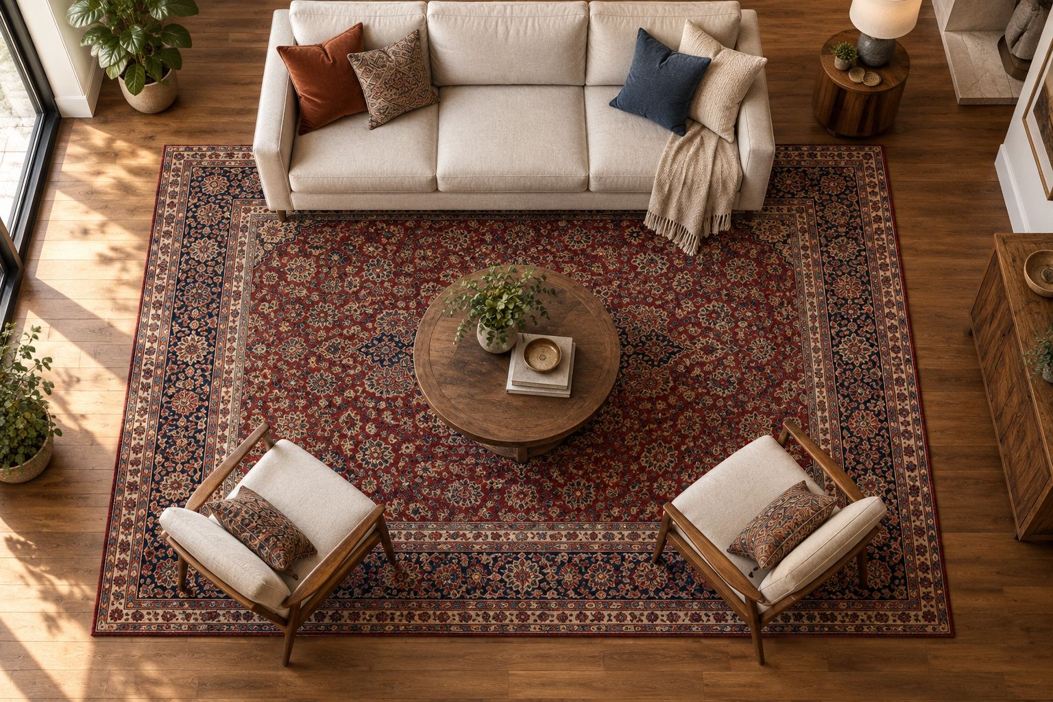 Traditional area rug beneath a seating group with clear walking space around the furniture